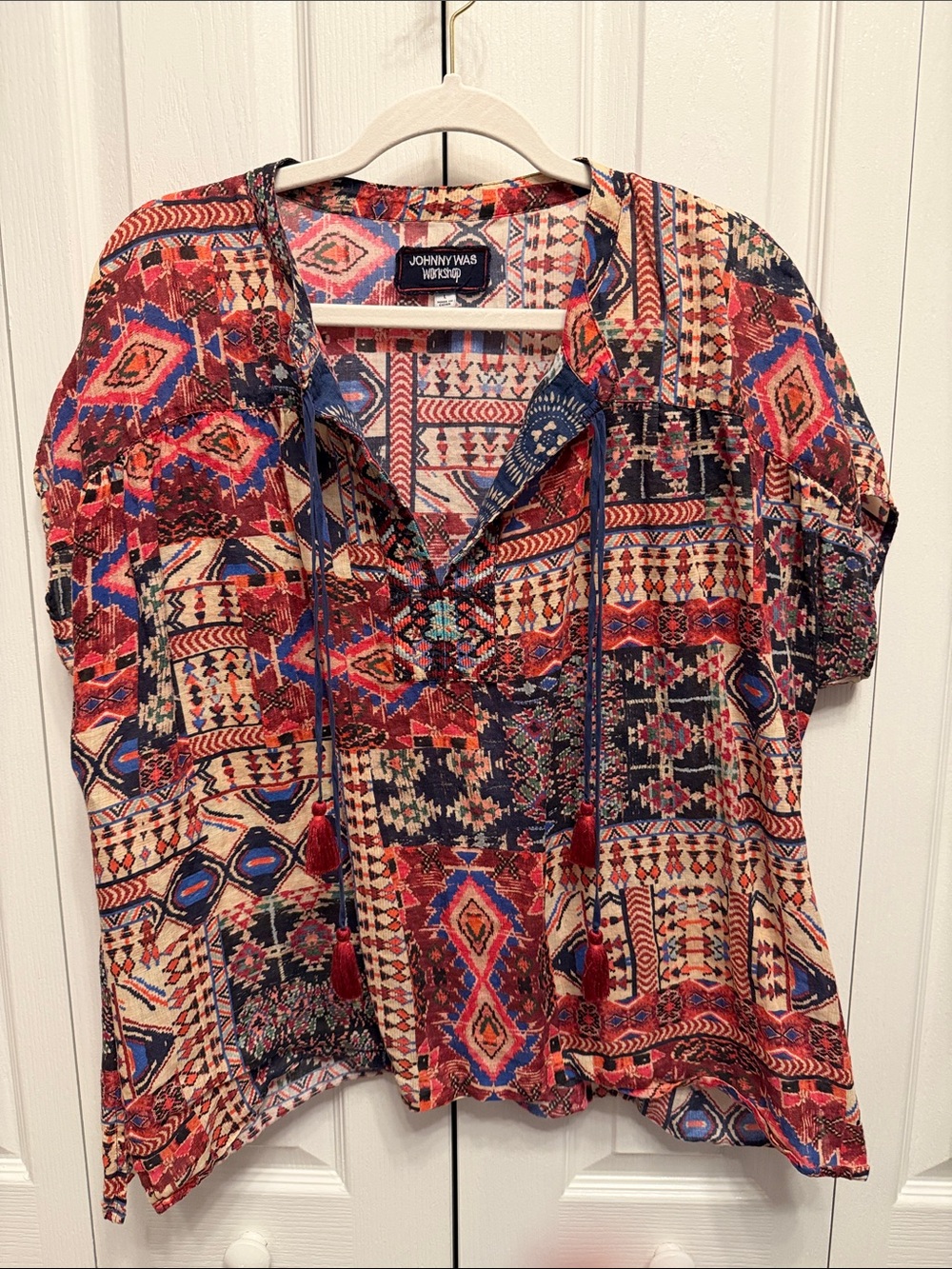 Johnny Was Red Multi Ethnic Patchwork V-Neck Tunic